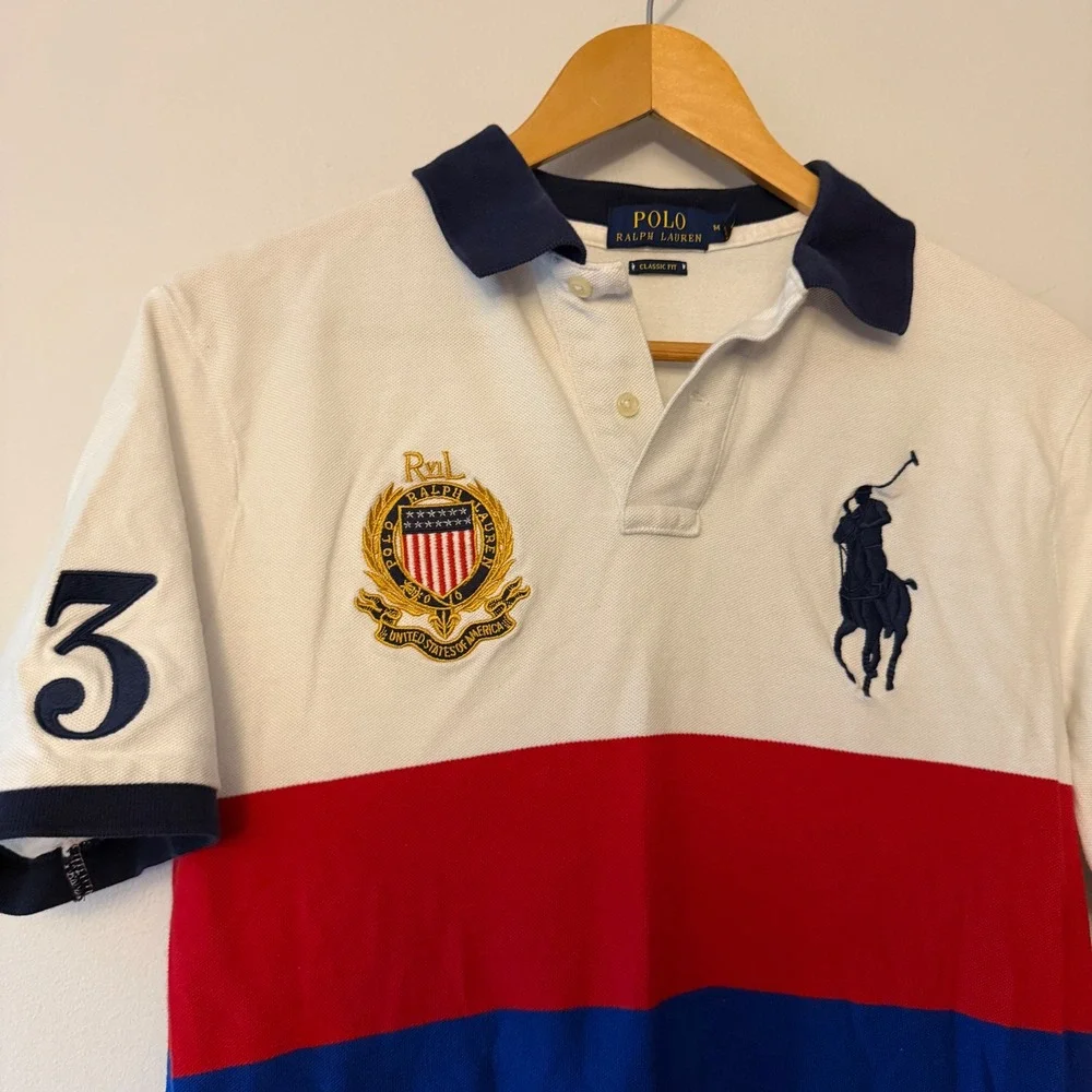 Polo Ralph Lauren Mens Big Pony Colorblock Polo Shirt USA Crest White Red Navy M - Picture 2 of 5